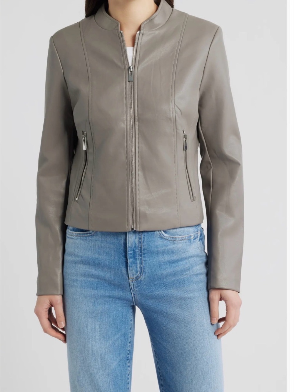 Classic Taupe Leather Zip Front Jacket